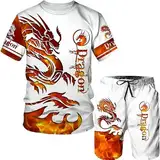 famesale Sommer Herren Drachen 3D gedruckt 2 Stück Set T-Shirt + Shorts Vintage Casual Sportswear Trainingsanzug