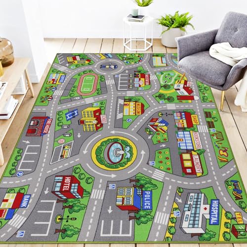 Capslpad Autoteppich Kinder 150x200cm rutschfest Kinderteppich Stadtplan Interaktiver Spielteppich Waschbar Kreativ Pädagogisch Spielmatte für Kinder Teenager Kinderzimmer Spielzimmer Dekor, Grün