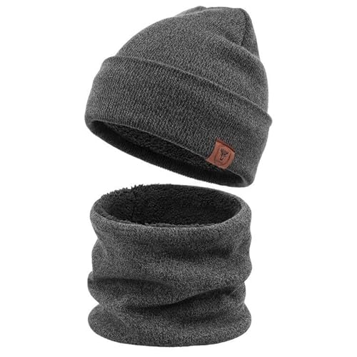 OZERO 2 in 1 Winter Warm Beanie Hut Schal Set, Strick Thermal Polar Fleece für Männer und Frauen Schwarz/Grau/Lila