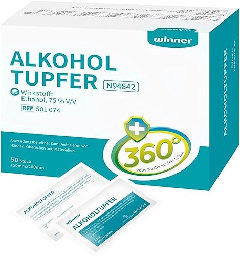 Winner Medical 75% Ethanol Alkoholtupfer,groß,4-lagige Quadratische Wattepads, Gut Getränkt Mit Alkohol,Sterile Tupfer Alkohol,50 Stück Alkoholtücher(11x15cm)