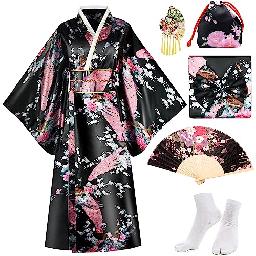 PLULON 5 Stück japanische Kimono-Robe, Geisha-Yukata-Kleid, Pfauenblüten-Satin-Bademantel mit Zubehör für Damen
