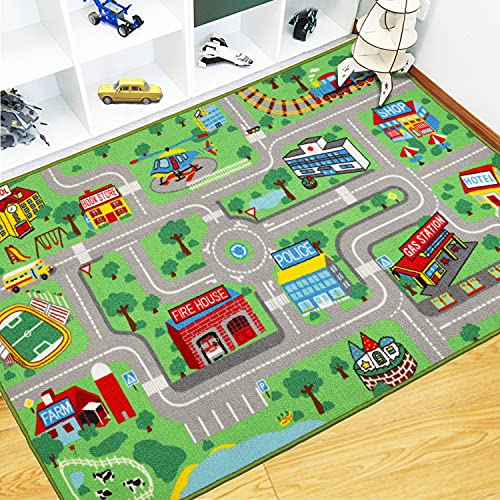 Capslpad Kinder Teppiche Spielteppich für Kinder Stadt 160x100cm rutschfest Kinderteppich Spielmatte Maschinenwaschbar Kurzer Flor Pädagogischer Spielteppich für Kinderzimmer Spielzimmer Dekor