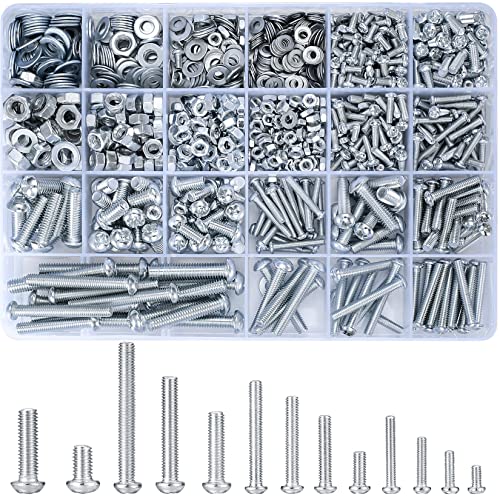 Vwoqiy 1080 Stk M3 M4 M5 M6 Schraubenset mit Sechskantmuttern und Unterlegscheiben, Linsenkopfschrauben, Gewindeschrauben Set, Kreuzschlitzschrauben, Maschinenschrauben Sortiment Kit(Silber 1080)