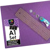 OfficeTree Schneidematte Set A1 90x60 + Rollschneider + Patchwork Lineal 60x15 cm - Schneidematte A1 Selbstheilend - Schneiderlineal Schneiderunterlage und Rollschneider Set - Schneidunterlage nähen