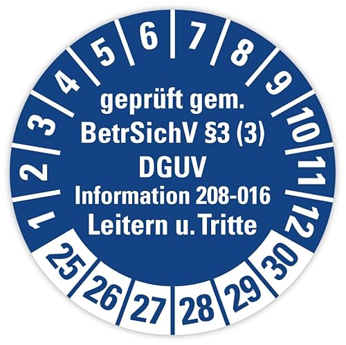 25 Stück – Prüfplakette Aufkleber „Leitern/Tritte, BetrSichV §3 DGUV | 25-30“ Etikett Folie blau | Ø 20-40 mm Made in Germany, Größen Name: Ø 30 mm