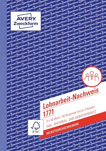 AVERY Zweckform 1771 Lohnarbeit-Nachweis (A5, selbstdurchschreibend, für Deutschland u. Österreich, von Rechtsexperten geprüft und Finanzamt anerkannt, zur Stundenerfassung, 3x40 Blatt) weiß/gelb/rosa