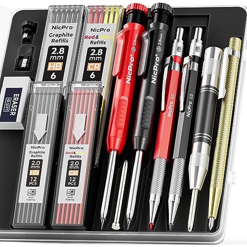 Nicpro 15 Pack Tischler Bleistifte Set mit Anspitzer, Mechanische Zimmermannsbleistifte mit 40 Minen, Automatisches Körner und Hartmetall Anreißwerkzeug, Robuster Baubleistift für Architekten mit Etui