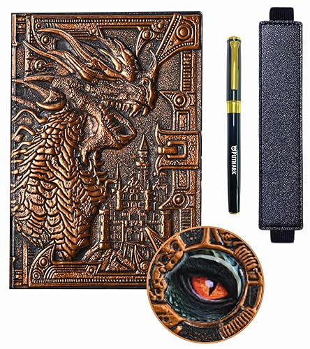 Futhark DND Notebook/Journal - 200 Pages with 3D Bronze Dragon Embossed Faux Leather Cover with Pen and Pen Holder - Ideal for Dungeons & Dragons/D&D. Great RPG Accessories Gift for DM & Players