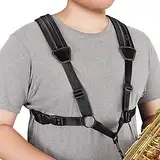 Saxophongurt, POGOLAB Harness Saxophongurt aus Leder, Saxofonhalter Saxophone Strap mit Metallhaken, Doppelter Schultergürtel aus Leder verstellbare für Saxophon, Alt, Bariton, Tenor, Blasinstrument