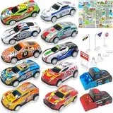 TOYABI Auto Spielzeug Set, 21 Stück Spielzeugautos Metall mit spielteppich & Katapult, Kleine Spielzeugauto, Autos Zurückziehen Fahrzeuge, Geburtstag Geschenk für Kinder ab 3 4 5 6 7 8 Jahre