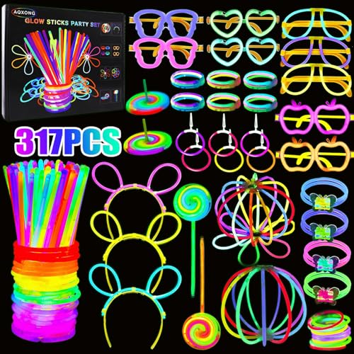 AQXONG 317 PCS Knicklichter Party Set, Fluoreszenz Leuchtendes Armband, Glow Sticks mit Verbinder, Neon Armband Leuchtstab für Party Deko, Festival Schwarzlicht Deko, Laterne, Lutscher