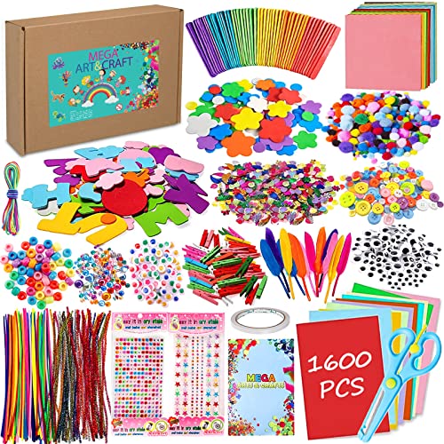 LPAOIS Bastelset Kinder 1600+Pcs Kunst und DIY Handwerk für Kinder, Bastelzubehör Scrapbooking Bastelset Glitter Pompons,Federn,Knöpfe, Pailletten,Pfeifenreiniger,Perlen,Geschenk für Kinder