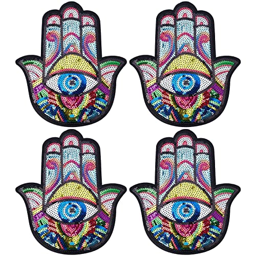 INFUNLY 4 Stück Hand Evil Eye Pailletten-Patches Zum Aufbügeln Für Kleidung, Bunt, Große Applikation, Stickerei-Patch Für DIY Nähen, Jeans, Handtaschen, Jacken, Rucksäcke, Hüte