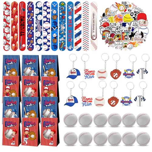 Clvsyh 98PCS Baseball Kindergeburtstag Partygeschenke, Baseball Party Mitgebsel Set, Pressball Geschenktüten Schlüsselanhänger Schnapparmband Aufkleber Baseball Sport Partyzubehör Für Jungen