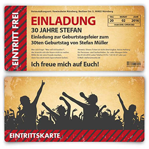 Kartenmachen.de Personalisierte Ticket Einladungskarten zum Geburtstag 10 bis 100 Stück als Eintrittskarte mit echtem Abriss, Vintage Party, Umschläge optional, 300g/qm Kartonpapier, für jedes Alter