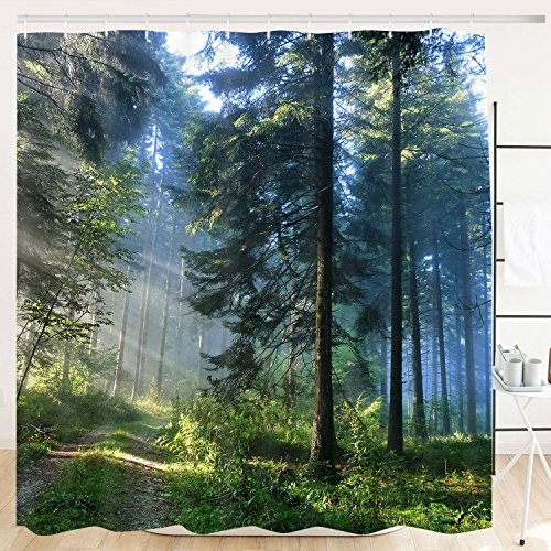 Alishomtll Wald Duschvorhang, Grün Antischimmel Duschvorhänge Textil Wasserdicht Shower Curtains Badewanne Waschbar mit 12 Haken, 120x180 cm