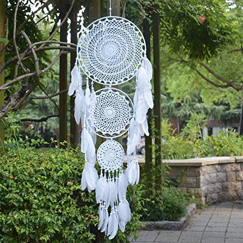 EasyBravo Extra Großer Traumfänger im Boho-Stil, mit 3 Kreisen, weißer Feder, Makramee, Wandbehang für Vintage-Hochzeit oder zur Heimdekoration, 35 cm Kreis, 110 cm lang