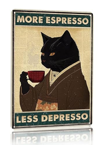 Metall-Blechschild im Vintage-Stil, schwarze Katze, Kaffee, Poster, Motiv: "More Espresso Less Depresso", 20,3 x 30,5 cm