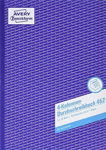 AVERY Zweckform 452 Kolonnen-Durchschreibbuch 4 Kolonnen (A4, mit 1 Blatt Blaupapier, Spaltenbuch, Geschäftsbuch, für Deutschland und Österreich zum Erstellen von Original und Kopie, 2x50 Blatt) weiß