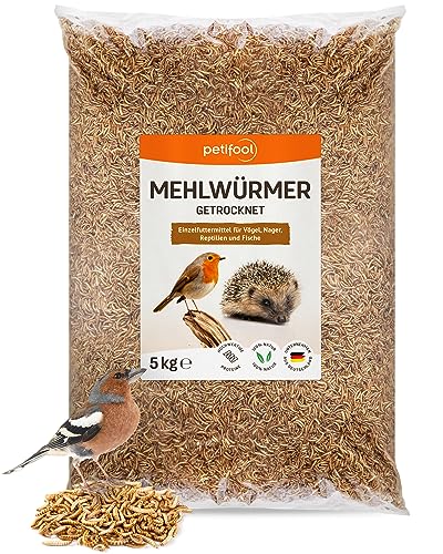 petifool petifool Mehlwürmer getrocknet 5kg – Insektensnack für Vögel, Nager, Fische, Schildkröten und Reptilien – hochwertiges Naturprodukt – proteinreicher Snack für Wildvögel