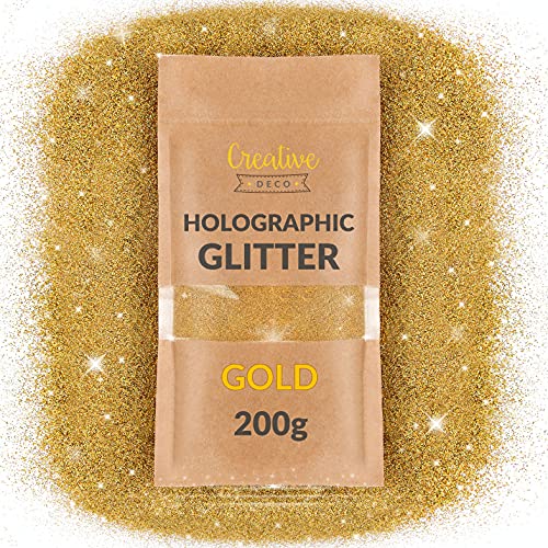 Creative Deco 200g Gold Holographischer Glitzerpulver für Wandfarbe | 0,2mm Glitzer-Pulver Glitzer Wand | Farbzusätze Nagel-Lack & Epoxid-Harz Zusatz | Für Kunst Handwerk Schleim & DIY