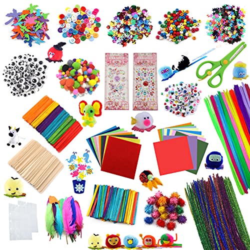 DOITEM DIY Arts Crafts Supplies for Kids- Over 2000 Pieces of Colorful and Creative Arts, Includes Pom poms, Pipe Cleaners, Feather, Felt, Popsicle Sticks Sheets Beads Sequins for Kids and Toddlers