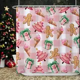 Ttincceer 180x200cm Weihnachten Duschvorhang Rosa Kariert Weihnachtsbaum Geschenk-Box Badezimmer Vorhang mit Haken Eiscreme Kekse Ciscuit Dessert Bad Vorhang Urlaub Kinder Badezimmer Dekorativ