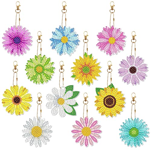 12 Stück Diamond Painting Schlüsselanhänger, Doppelseitige 5D Diamond Blumen Diamond Painting Anhänger Crystal Strass Mosaik Diamant Malerei schlüsselbund Stickerei Kunst Handwerk für Frauen Mädchen