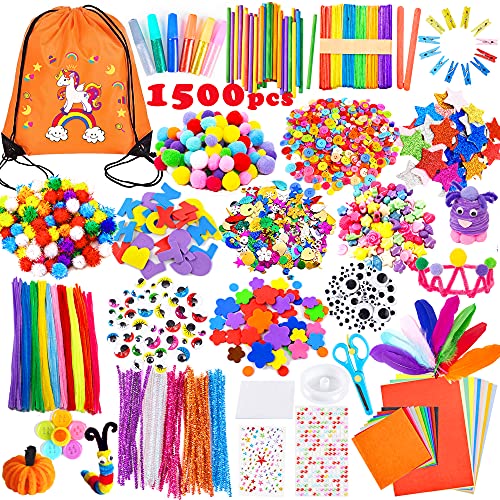 Yetech Bastelset Kinder, 1800+PCS Kunst und DIY Handwerk für Kinder in Aufbewahrungstasche, Scrapbooking Bastelset, Pfeifenreiniger, Pompons, für Mädchen Jungen 3+ Jahre Mit Geschenkbox