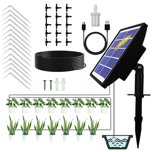 Solar Auto Irrigation System,Solar Powered Drip Irrigation Kit,with 2200mAh Battery & Timing mode ,Indoor Outdoor Automatic Self Watering System for 15 Potted Plants in Green House, Garden