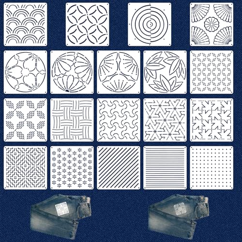 19-Teiliges Sashiko Schablone, 13x13cm Kunststoff-Stickschablonen Sashiko-Stickvorlagenmuster Geometrische Stickmuster-Stabilisatoren zum Sticken Handquilten Nähen