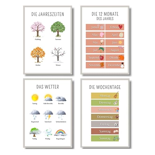 EQUIK PRODUCTS Lernposter | Kinderzimmer Deko | Für Kinder im Kindergarten, Grundschule | Montessori | 4er Poster Set | Für Mädchen und Jungen (Monate, Wochentage, Jahreszeiten, Wetter, A4)