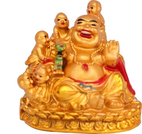Shoppersduniya Feng Shui Lachender Buddha mit fünf Kindern für Reichtum, Glück, Erfolg und Wohlstand, dekoratives Schaustück für Zuhause und Büro (Polyresin, Gold)