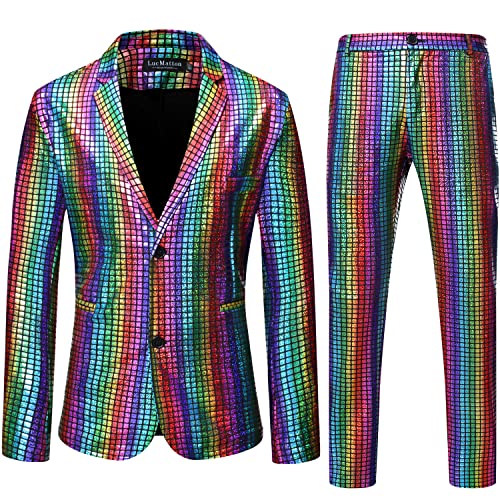 LucMatton Herren 2-teiliges Disco-Set, glänzende Jacke und Hose, metallische Pailletten, mehrfarbig, M