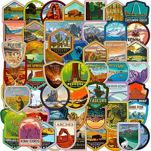 Bric Dodo 63 Stück National Park Aufkleber Auto Laptop Telefon Gitarre Skateboard Motorrad Fahrrad Nationalpark Stickers Set Vinyl Wasserdicht Aesthetic Aufkleber für Jugendliche Kinder Erwachsene