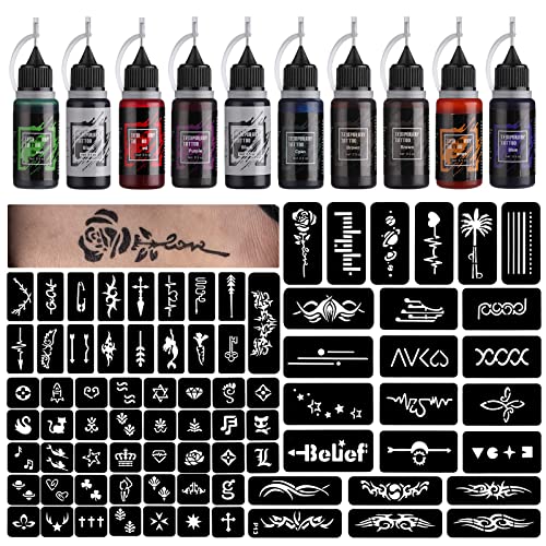 STIGMA Temporäres Tattoo-Kit 10 Flaschen Farbtinten, 84 Stück Schablonen-Kit, DIY Fake Tattoo für Frauen Kinder (Schwarz * 2, Cyan, Rot, Grün, Blau, Lila, Braun * 2, Orange)