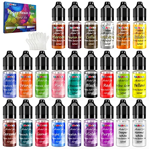 Alkohol Tinte Set - 24 Farben alcohol ink Epoxidharz farben Farbstoff Ideal für Harz - Harzkunst, Malen, Petrischalen, Untersetzer (je 10 ml)