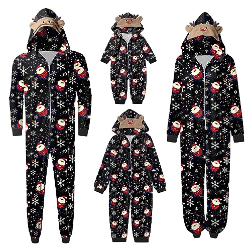 Familien Weihnachten Schlafanzug lang Weihnachtspyjama Familie Outfit Einteiler Jumpsuit mit Elch Hut Mode Hausanzug Freizeitanzug Chrismas Kinder