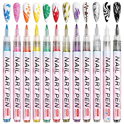 Owelth 12 Farben 3D Nagellack Stift Set, Nagelkunststift DIY Linie Nagelkunst Graffiti, Nagelspitze Nail Art Beauty Schmücken Maniküre Werkzeuge, Nagellackstifte Nageldesign für Halloween, Weihnachten