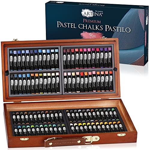 Artina Pastellkreide Set Pastilo - Künstlerkreide mit 96 brillanten Farbtönen - Softpastellkreide Zeichenkreide im FSC® zertifizierten Holzkoffer - Soft Pastellkreide Stifte zum Malen