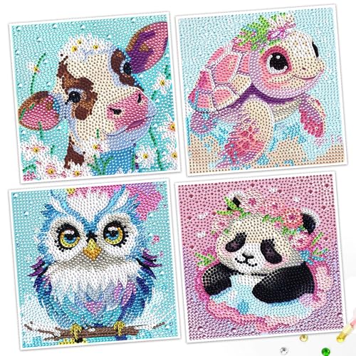 Jozutoyz Diamond Painting Kinder, 4er Set Diamond Painting Kinder ab 4 5 6 7 8 9 Jahre, Diamant Painting Bilder Kinder Mädchen für Wanddekorationen und Geschenke 15 x 15 cm (Tiere A)