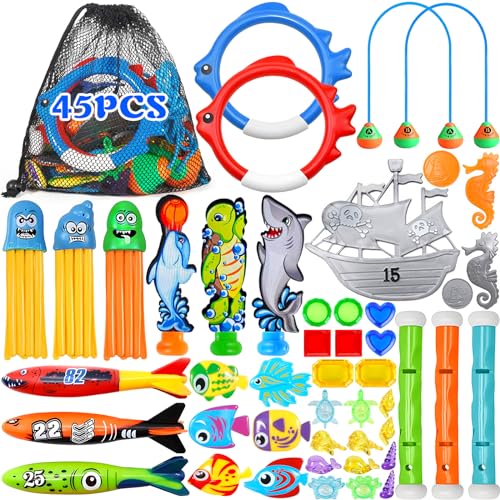 POWLYB Schwimmbad Tauchspielzeug Set 46PCS, Kinder Pool Spielzeug, Wasserspielzeug Outdoor für Kinder mit Tauchtür Tauchstöcke Edelsteine Pool Spielzeug Schwimmspielzeug für Tauchtraining Schwimmbad