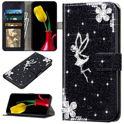 URFEDA Kompatibel mit iPhone 12 Pro Max Handyhülle Leder Handytasche,Bunt Glitzer Bling Glänzend Diamant Strass Blumen Engel Muster Schutzhülle Brieftasche Klapphülle Lederhülle Flip Case,Schwarz