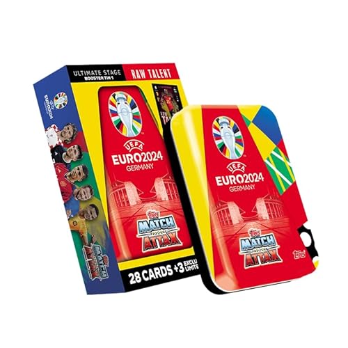 Topps Official Euro 2024 Match Attax - Booster Tin - Raw Talent - enthält 28 Euro 2024 Match Attax Karten Plus 3 Exklusive Raw Talent Limited Edition Karten!