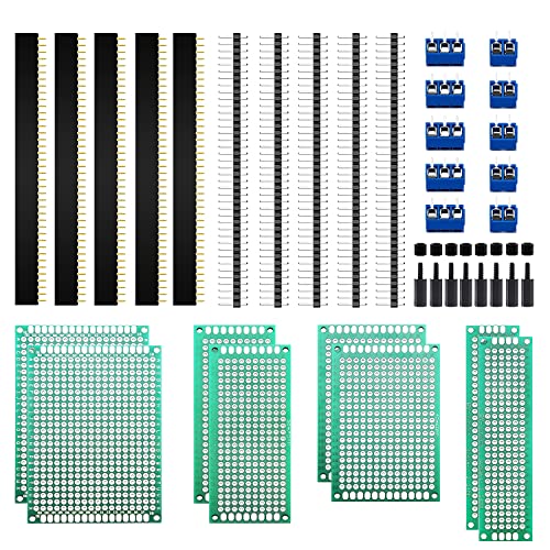 VooGenzek 36 Stück PCB Board Kits, 8 Stück Doppelseitige Leiterplatten Prototypkarten + 10 Stück Male/Female Header Connector + 10 Stück 2/3Pin Schraubklemme + 8 Stück Nylonsäule