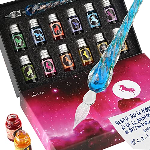 GC QUILL Glasstifte-Set kalligraphie stift mit 12 bunten Tinten glasfeder zum für Kunst, Schreiben, Unterschriften, Kalligraphie, Dekoration, Geschenk GCGP-06