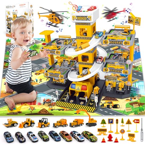 RoserRose 5 Stockwerke Parkhaus für Kinder, Parkgarage mit Autorennbahn, 14 Autos, 2 Hubschrauber, mit Aufzug, Licht, Sound und Große Karte, Parkgarage für Kinder ab 3 Jahren, Bauarbeiten