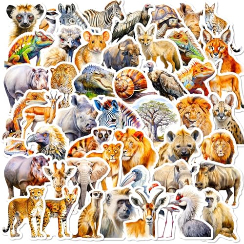 Mistree 50 Afrika Tiere Aufkleber, Sticker Tiere Realistisch, Dschungel Aufkleber Wasserfest Kinder, 5 CM