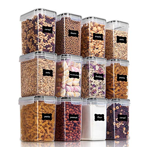 Vtopmart 1.6L Vorratsdosen Set, Müsli Schüttdose & Frischhaltedosen, BPA frei Kunststoff Vorratsdosen luftdicht,Trockenfutterbehälter, Satz mit 12, 24 Etiketten für Getreide, Mehl usw (Schwarz)