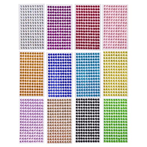 Strehknewen 3120 Stück Glitzersteine Selbstklebend, 12 Farben 6mm Strasssteine für Gesicht, Nageldekoration, Basteln und Kinderhandwerk, Glitzer Schmucksteine für Make-up und Dekorationen